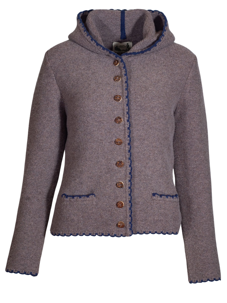 Astrifa Lemberg Strickjacke, Kapuze, schlamm, blaue Einfassung