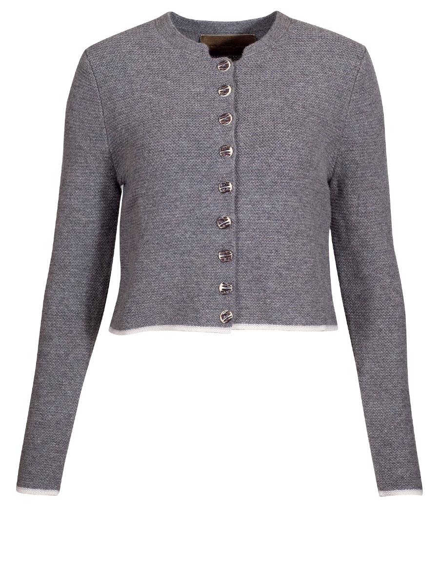 fei scho schee Strickjacke, grau, Einfassung in ecru, kurz