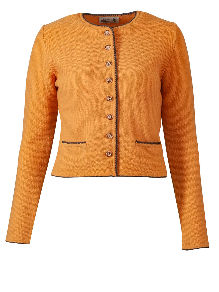 Astrifa Dirndlstrickjacke Finsing, goldgelb, braune Einfassung