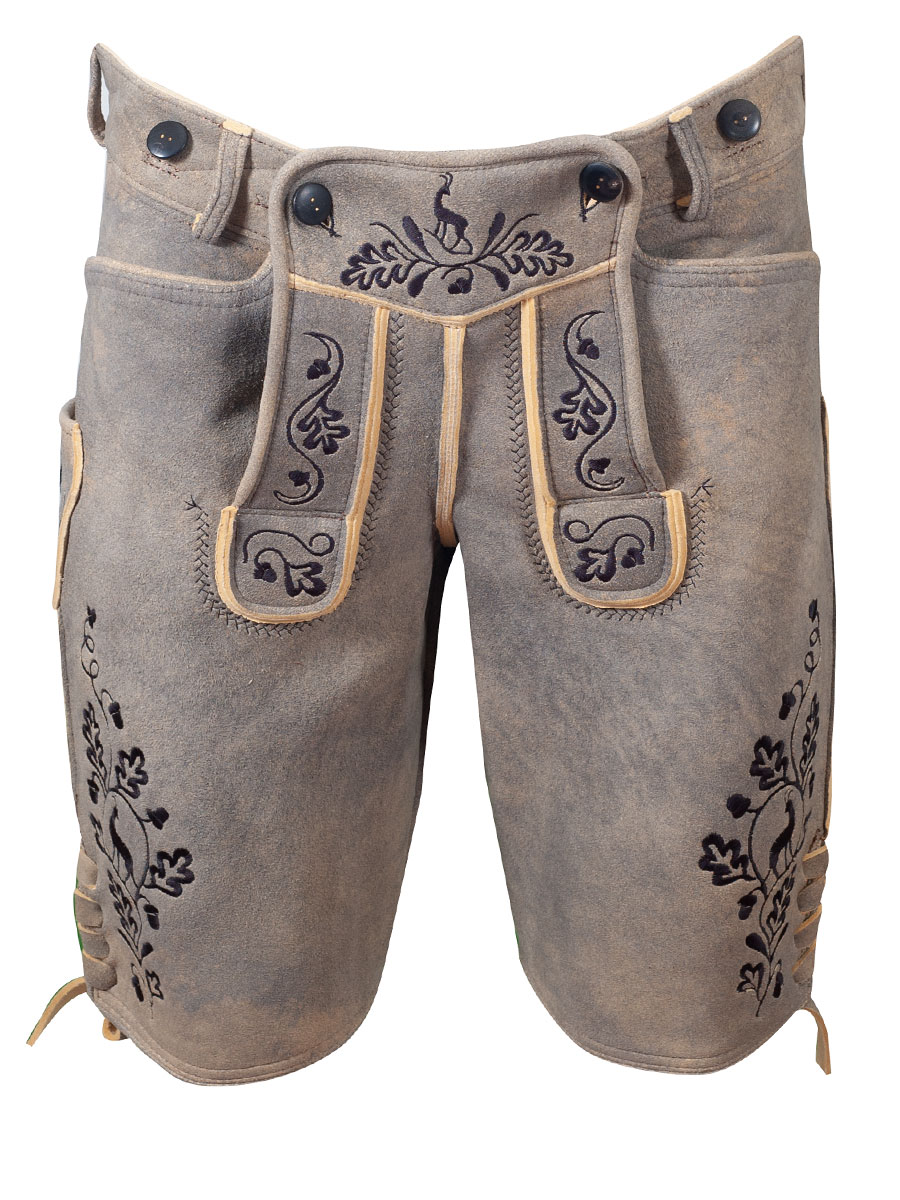 Weinbauer Kurze Lederhose Ludwig, Rothirsch, granit, schwarzer Stick