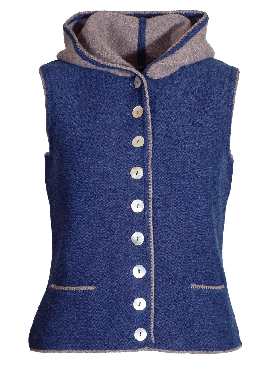 Astrifa Längenfeld Strickweste, Kapuze, blau mit grau-brauner Einfassung