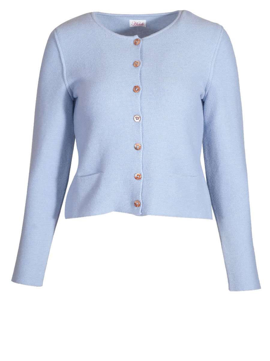 Heidi Strickjacke, sanftblau, Perlmuttknöpfe, glatt gestrickt, fein