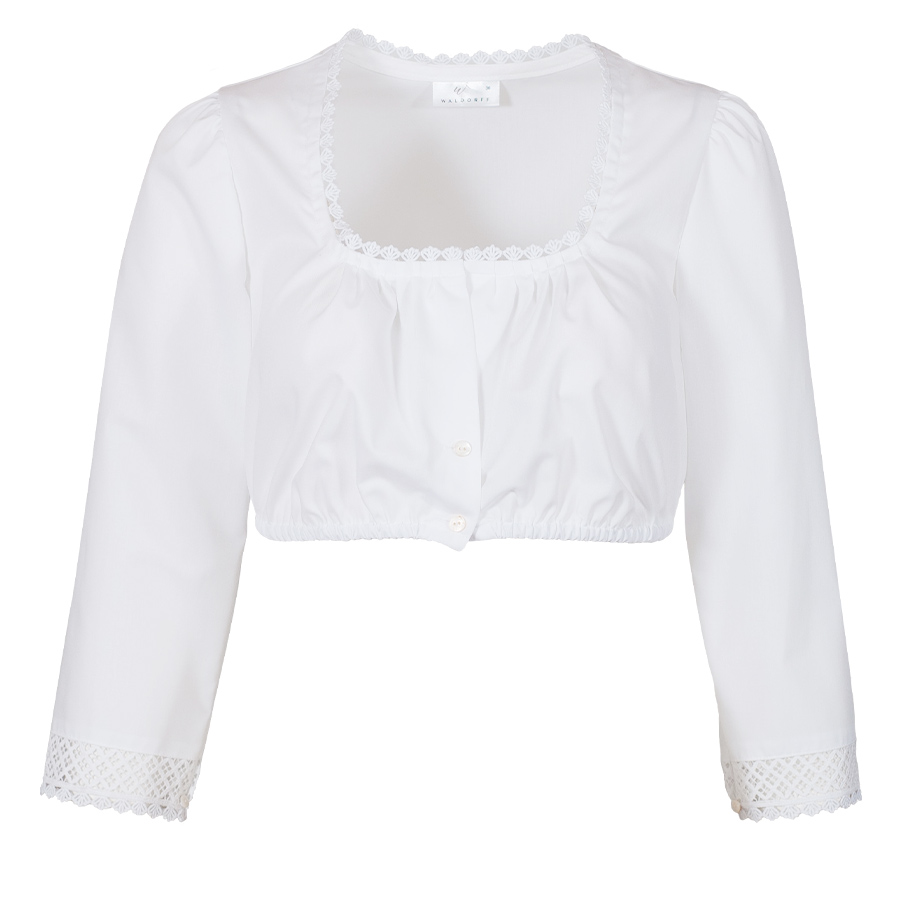 Waldorff Dirndlbluse weiß, festlich, 3/4-Arm, Spitzenborte an Armabschlüssen