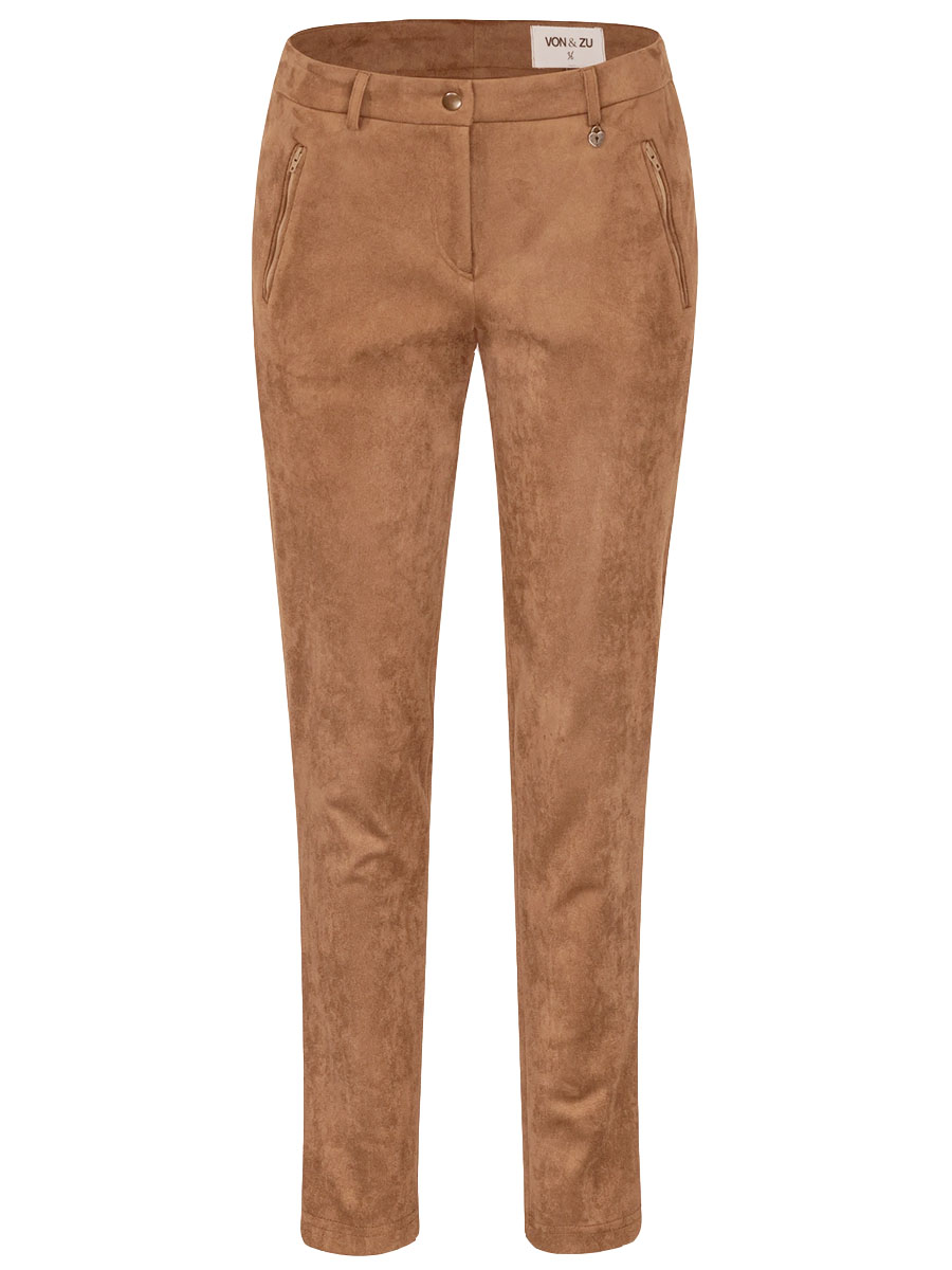 Von & Zu Skinny Hose, Velour Kunstleder, camel