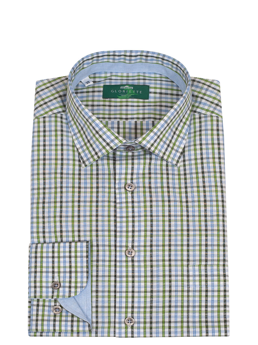 Gloriette Herrenhemd, hellblau-grün kariert, Liegekragen, durchgeknöpft
