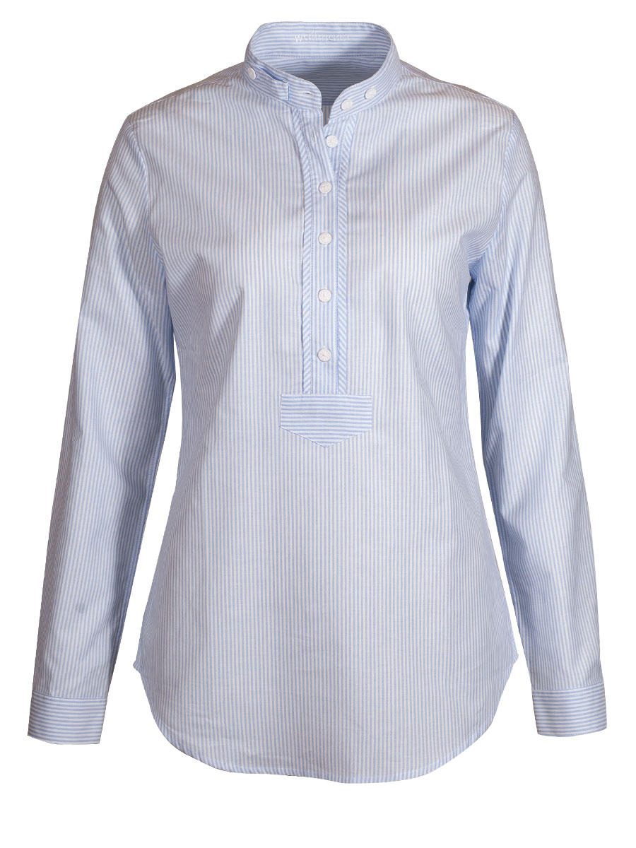 Wallmann Damenbluse, hellblau gestreift, Pfoad, Langarm, Stehkragen
