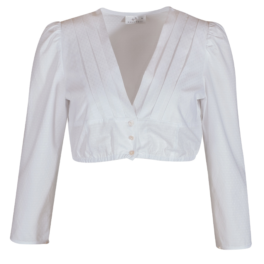 Waldorff Dirndlbluse weiß, V-Ausschnitt gereiht, gemustert, Langarm