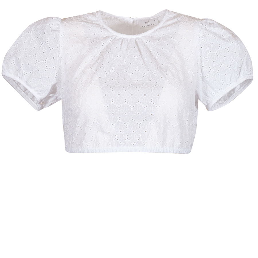 Waldorff Dirndlbluse, weiß, hochgeschlossen, Lochmuster, Puffärmel