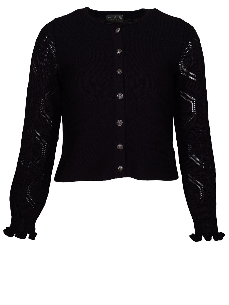 Huber Strickjacke Irina, schwarze, Rüschen, Arme mit Lochmuster