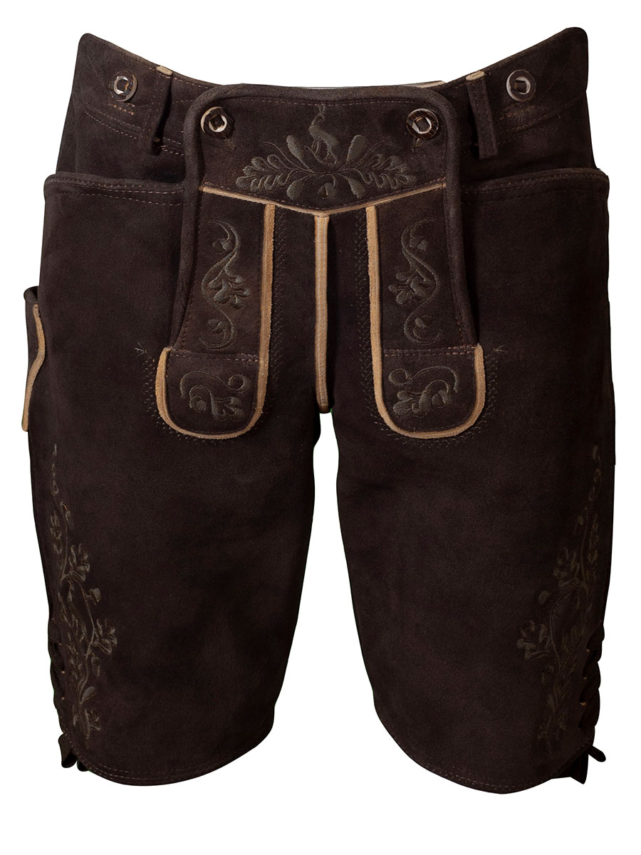 Weinbauer Kurze Lederhose Ludwig, Ziegenvelour, ahorn, olivfarbener Stick