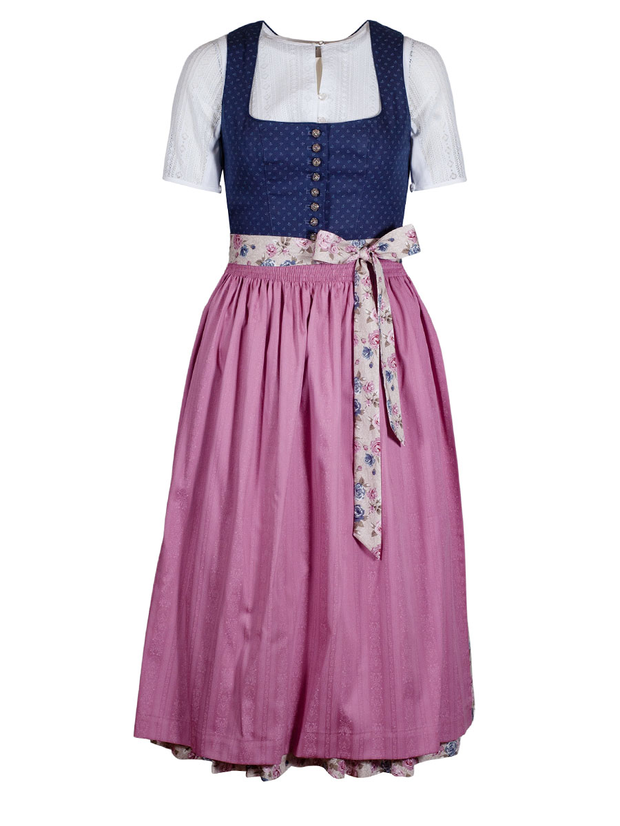 Wenger Dirndl Grace, stahlblau, rosa Schürze, Rosendruck, 80lg