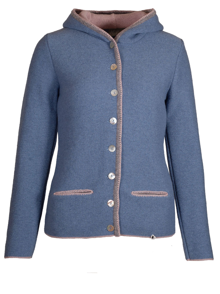 Huber Kapuzen-Strickjacke Erika, blau, Einfassung in Beige-Rosa