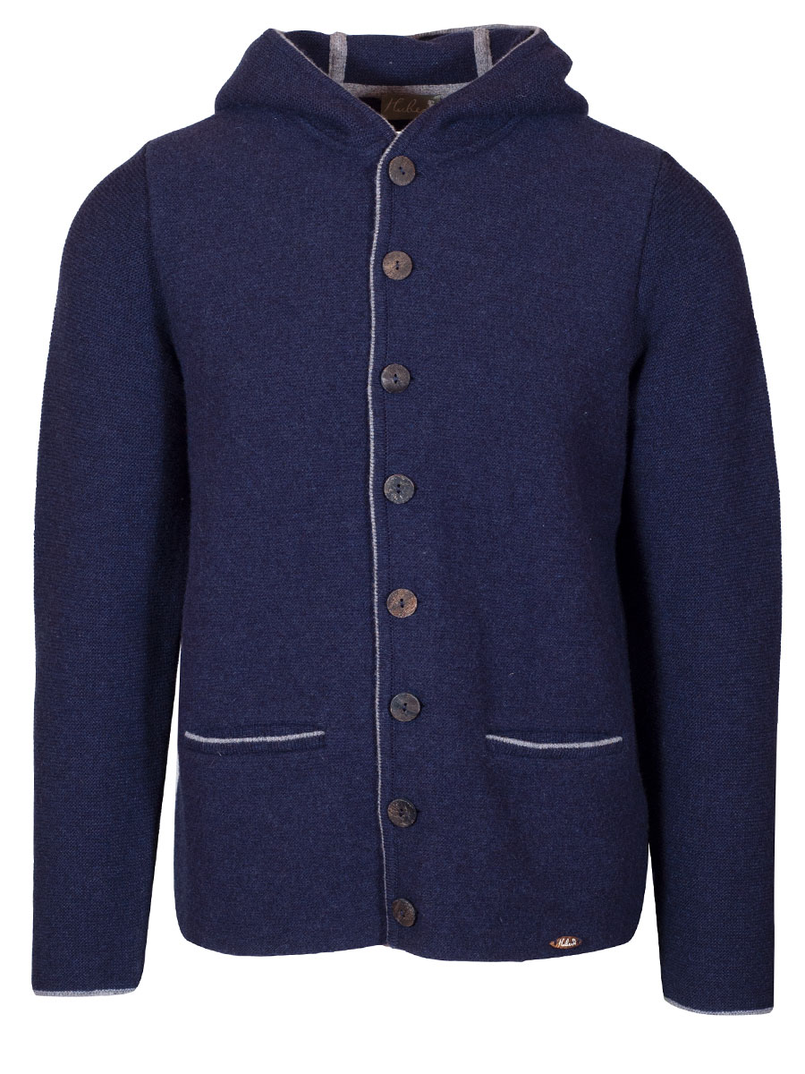 hausg'macht Kapuzen-Strickjanker Fredl, marine, Einfassung in Hellgrau