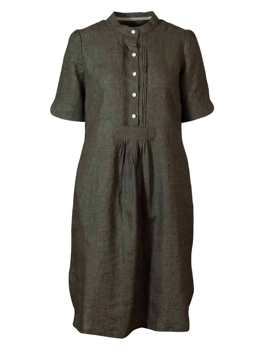 Moser Kleo Leinenkleid, olivgrün, Kurzarm, hochgeschlossen